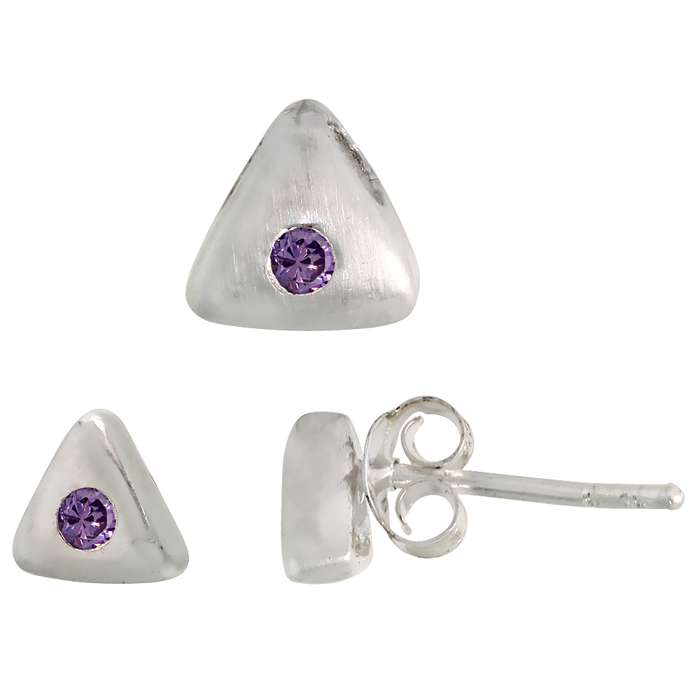STERLING SILVER BRILLIANT CUT AMETHYST PURPLE CZ TRIANGLE STUD EARRINGS & PENDANT SET BRUSHED FINISH