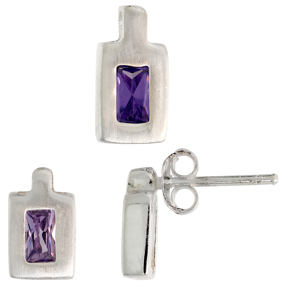 STERLING SILVER RADIANT CUT AMETHYST PURPLE CZ RECTANGULAR STUD EARRINGS AND PENDANT SET BRUSHED FINISH