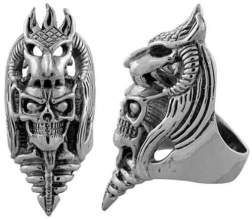 Sterling Silver Skull in Dragons Mouth, 2 inch wide, sizes 9-14