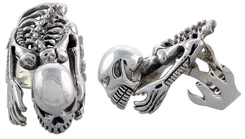 Sterling Silver Heavy Skeleton Gothic Biker Ring, 1 5/8 inch wide, sizes 9-14