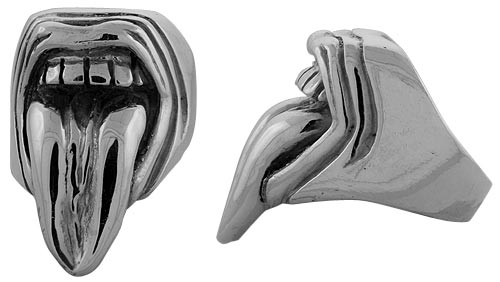 Sterling Silver Mouth Gothic Biker Ring with Tongue Sticking Out, 1 1/4 inch wide, sizes 9-14