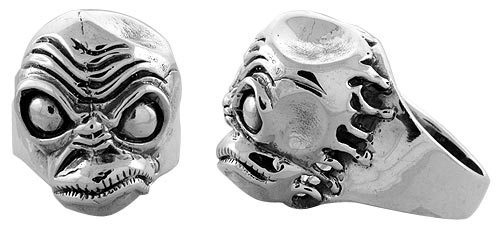 Sterling Silver Demon Head Gothic Biker Ring, 1 1/16 inch wide, sizes 9-14