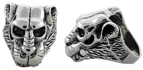 Sterling Silver Lion Gothic Biker Skull Ring, 1 1/4 inch wide, sizes 9-14