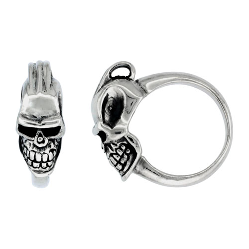 Sterling Silver Gothic Biker Skull Ring 7/16 inch wide, sizes 9-14