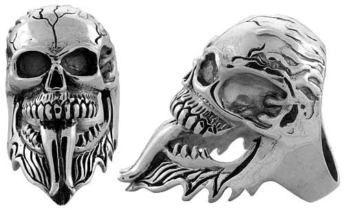 Sterling Silver Cracked Gothic Biker Skull Ring, 1 3/4 inch wide, sizes 9-14