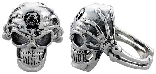 Sterling Silver Gothic Biker Skull Ring w/ Skeleton Hands, 1 inch wide, sizes 9-14