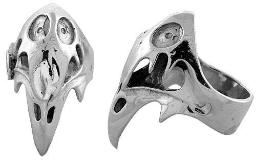 Sterling Silver Gothic Biker Vulture Skull Ring, 1 1/2 inch wide, sizes 9-14