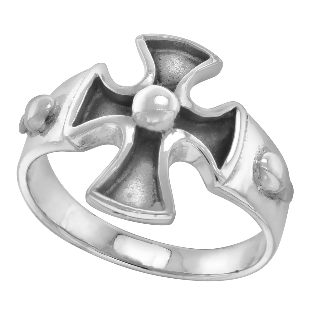 STERLING SILVER MALTESE CROSS RING FOR MEN W/ BEADS OXIDIXED GOTHIC BIKER 11/16 INCH WIDE SIZES 9-14