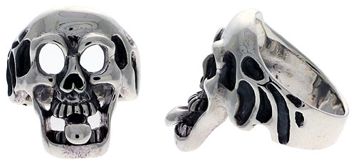 Sterling Silver Gothic Biker Skull Ring with Tongue Sticking out, 1 inch wide