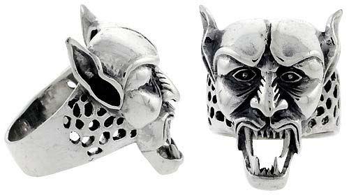 Sterling Silver Demon Gothic Biker Skull Ring, 1 1/4 inch wide, sizes 9-14