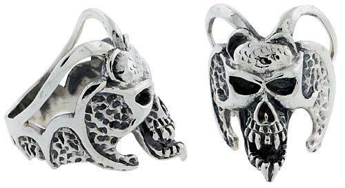 Sterling Silver Demon Skull with Horns Gothic Biker Ring, 1 1/4 inch wide, sizes 9-14