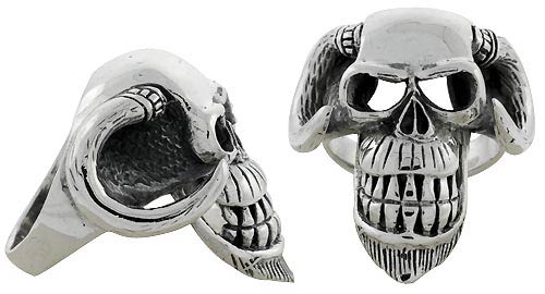 Sterling Silver Demon Gothic Biker Skull Ring with Horns, 1 3/4 inch wide, sizes 9-14
