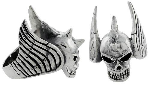 Sterling Silver Gothic Biker Skull Ring w/ Wings, 1 1/4 inch wide, sizes 9-14