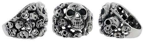 Sterling Silver Skull yard Gothic Biker Ring, 1 inch wide, sizes 9-14