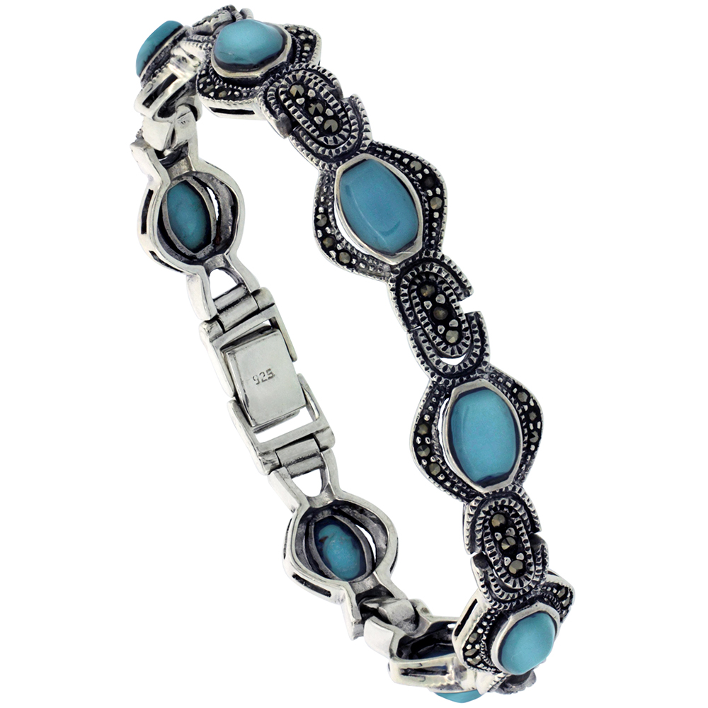 STERLING SILVER OVAL LINK MARCASITE BRACELET BLUE RESIN INLAY, 1/2 INCH WIDE