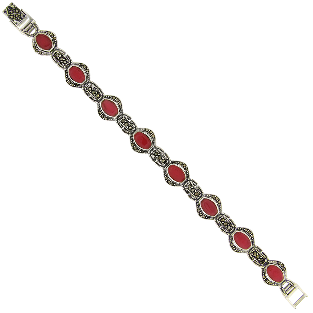 STERLING SILVER OVAL LINK MARCASITE BRACELET RED RESIN INLAY, 1/2 INCH WIDE