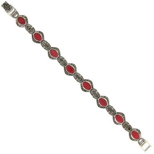 Sterling Silver Oval Link Marcasite Bracelet Red Resin Inlay, 1/2 inch wide