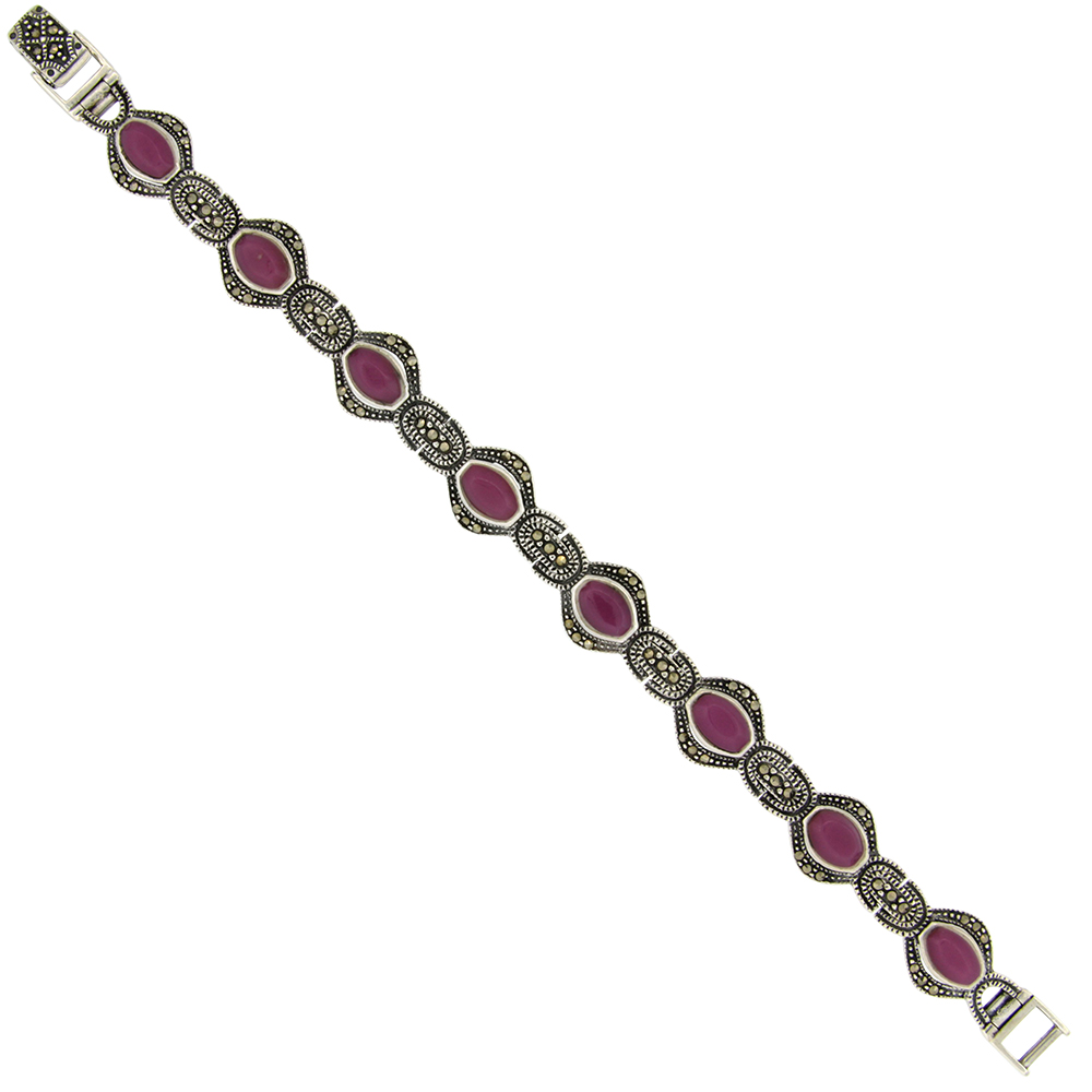 STERLING SILVER OVAL LINK MARCASITE BRACELET PURPLE RESIN INLAY, 1/2 INCH WIDE