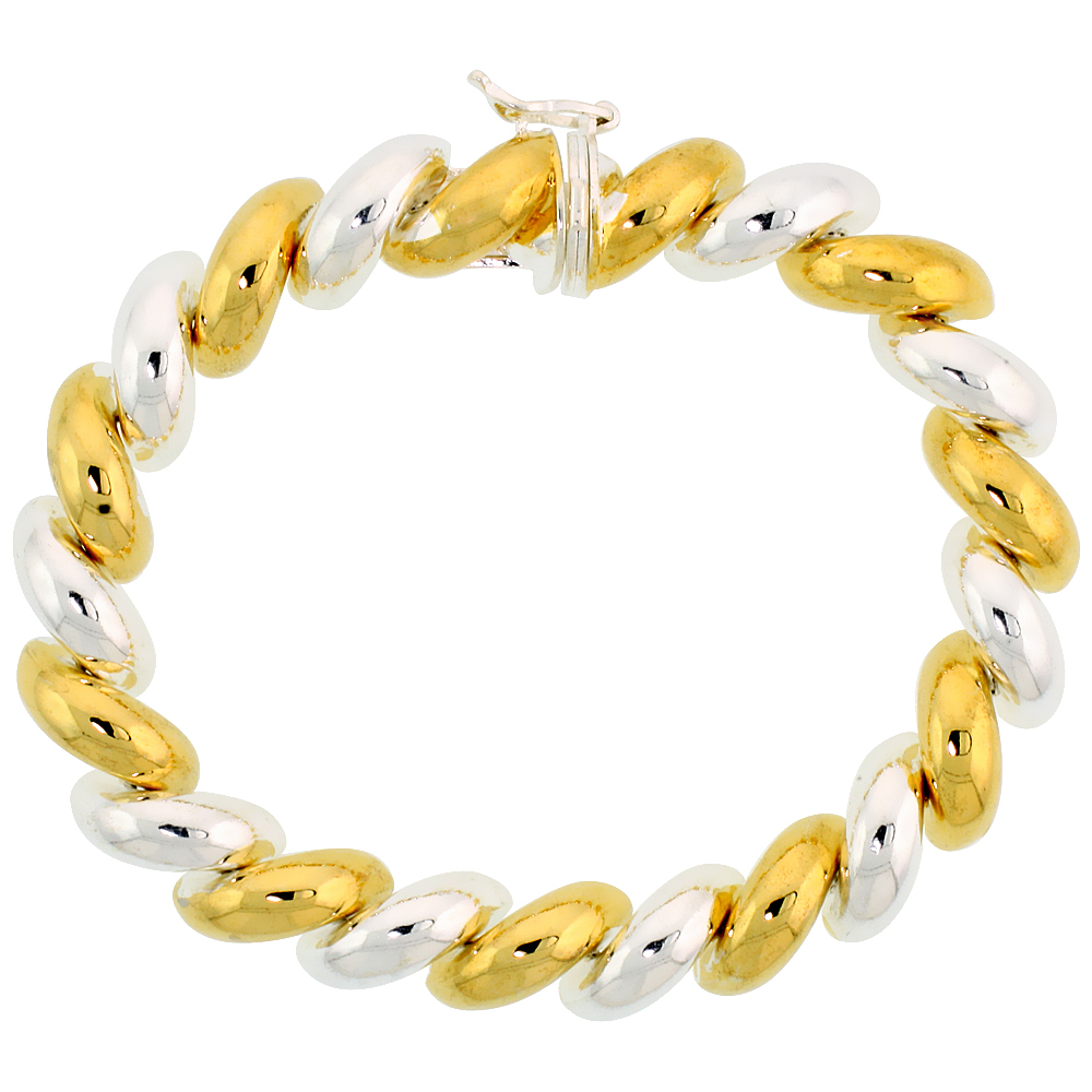 Small Two Tone Sterling Silver 8mm San Marco Bracelets and Necklaces Two-tone Gold Plated for Women Italy 7-18 inch sizes