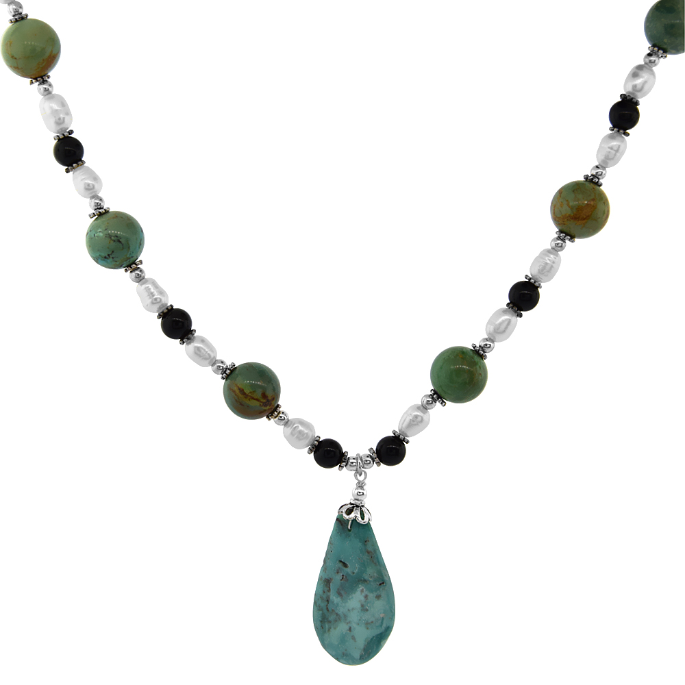 Nylon Necklace Sterling Silver Bead Accents, Freshwater Pearls, Natural Turquoise & Black Stones