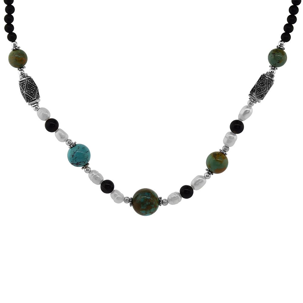 Nylon Necklace Sterling Silver Accents, Freshwater Pearls, Marcasite, Natural Turquoise &amp; Black Stones