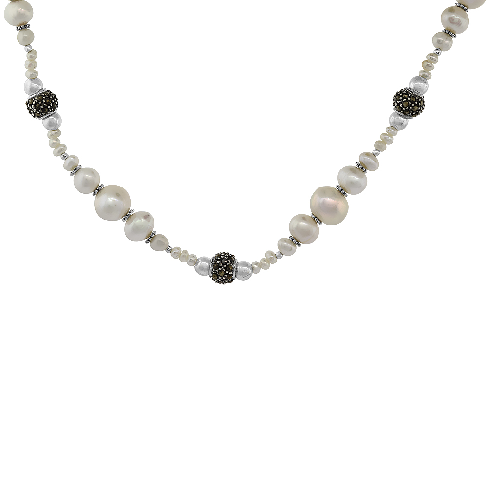 Nylon Necklace Sterling Silver Accents, Freshwater Pearls & Marcasite Stones