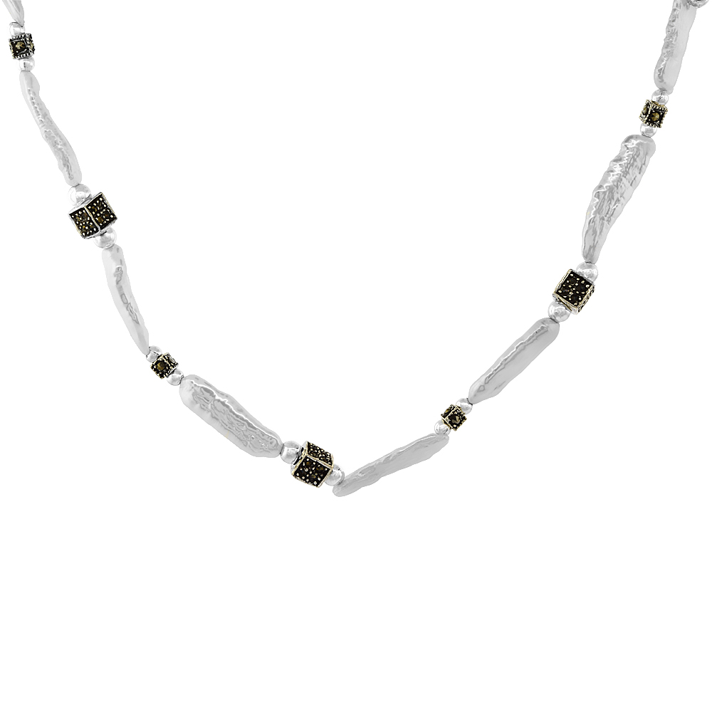 Nylon Necklace Sterling Silver Accents, Freshwater Pearls & Marcasite Stones
