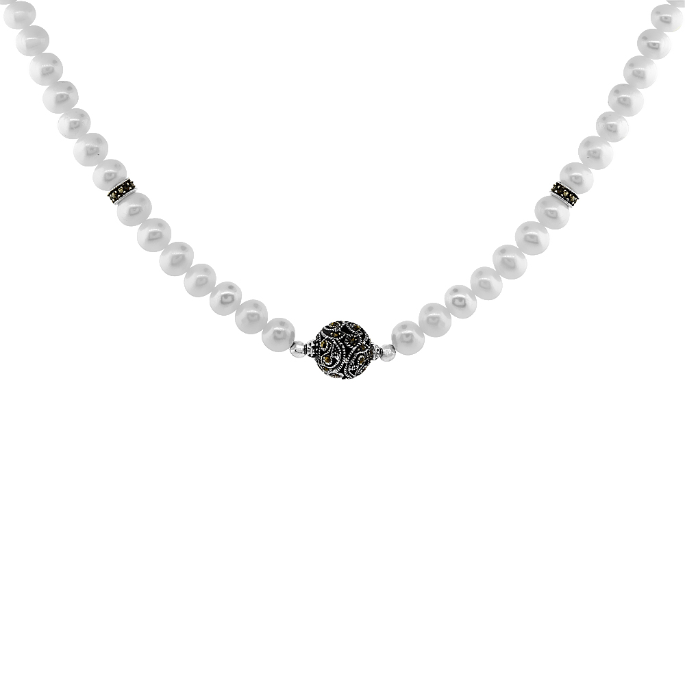 Nylon Necklace Sterling Silver Bead Accents, Freshwater Pearls &amp; Marcasite Stones