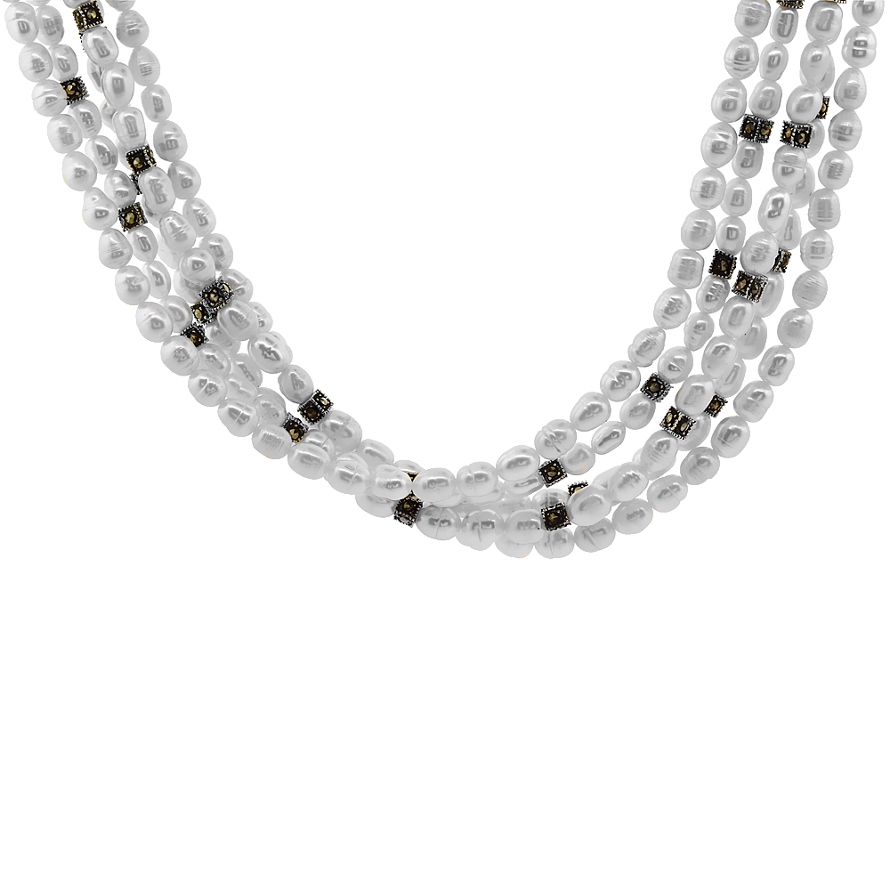 5-Strand Nylon Necklace Sterling Silver Accents, Freshwater Pearls & Marcasite Stones