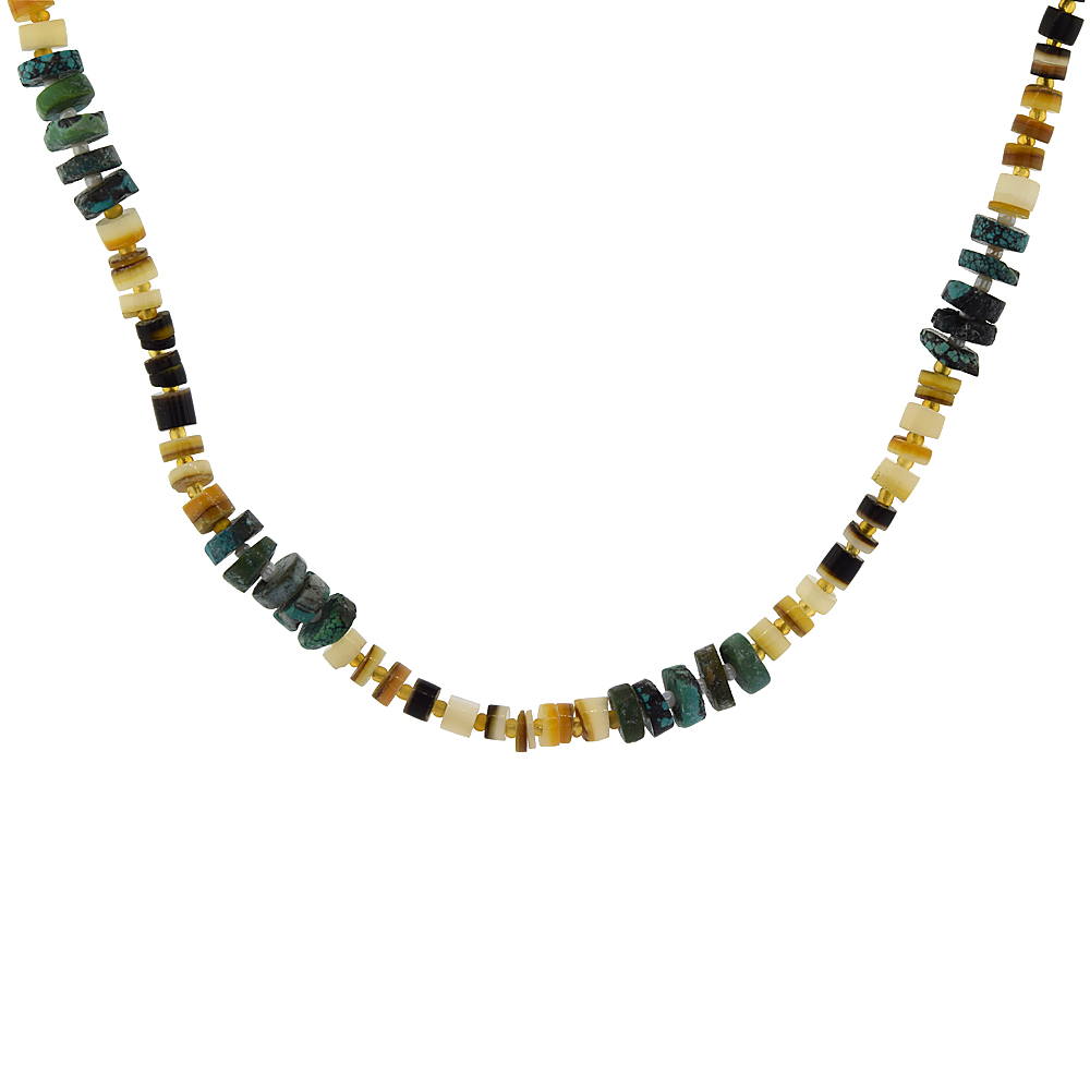 Nylon Necklace Sterling Silver Accents, Multi color Shell &amp; Natural Turquoise Stones