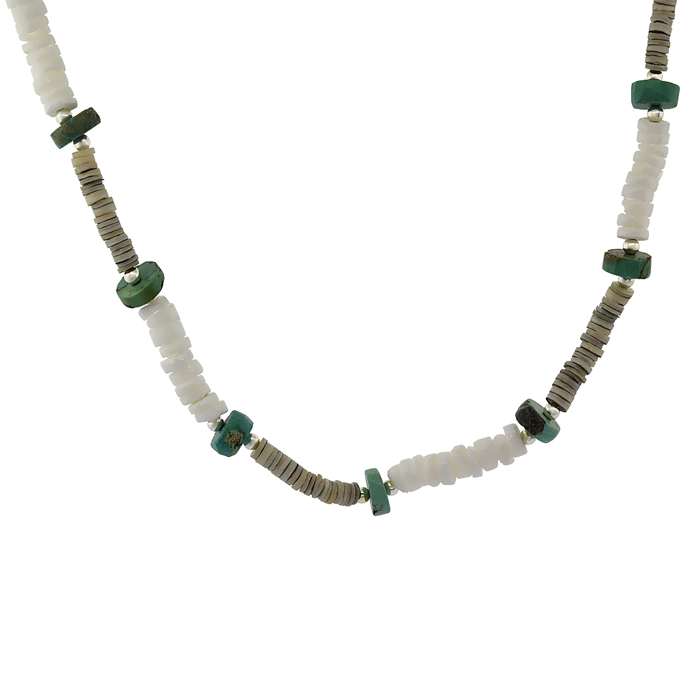 Nylon Necklace Sterling Silver Accents, Multi color Shell &amp; Natural Turquoise Stones