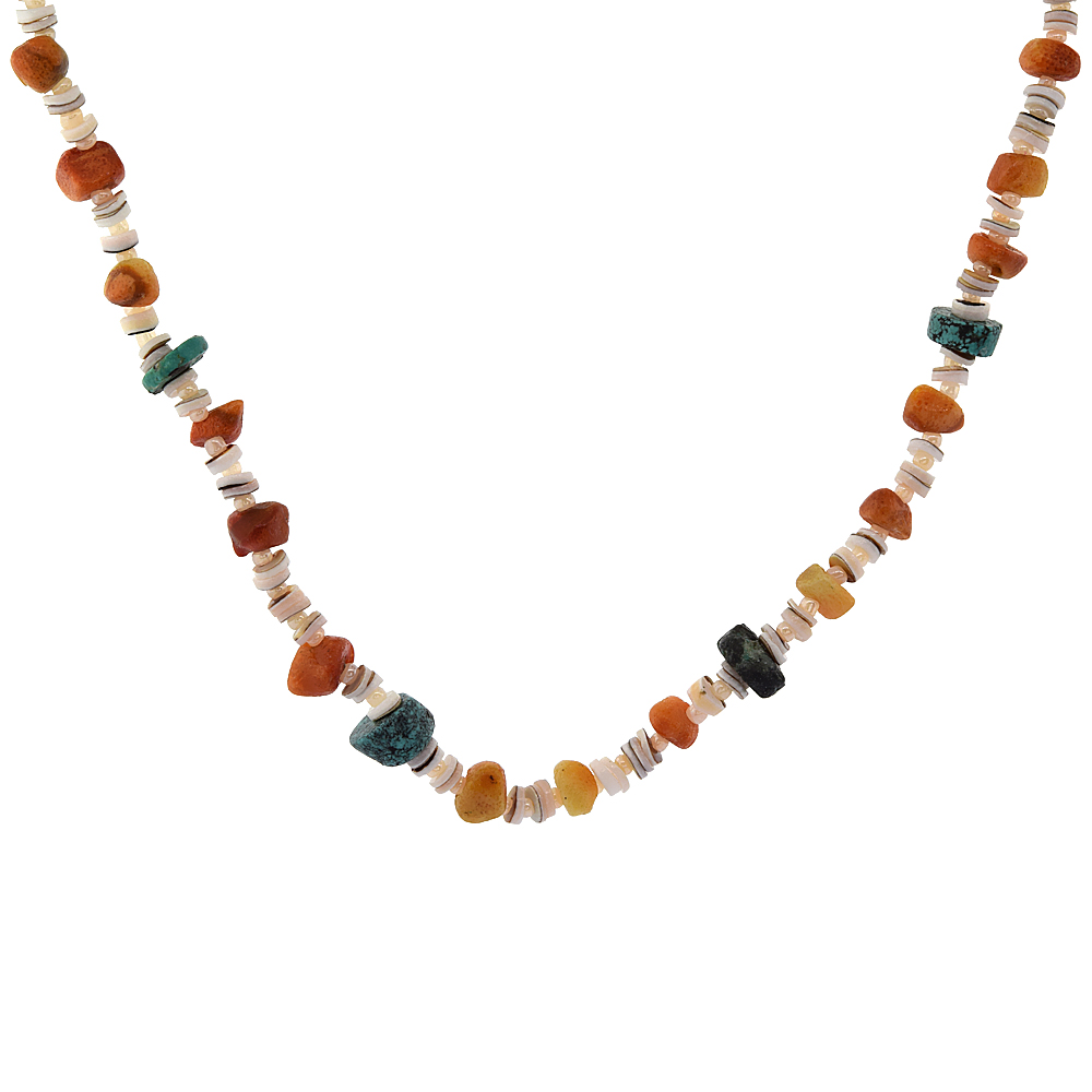 Nylon Necklace Sterling Silver Accents, Multi color Shell, Natural Coral & Turquoise Stones