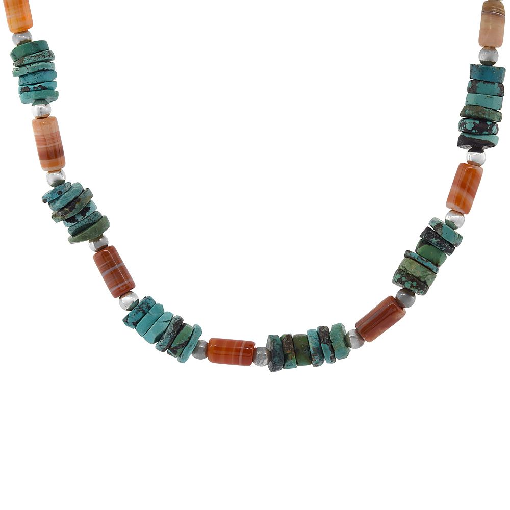 Nylon Necklace Sterling Silver Accents, Natural Carnelian & Turquoise Stones