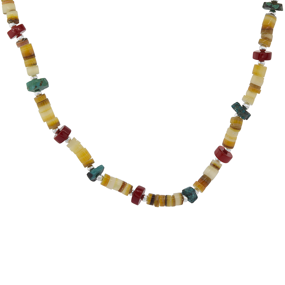 Nylon Necklace Sterling Silver Accents, Multi color Shell, Natural Coral &amp; Turquoise Stones