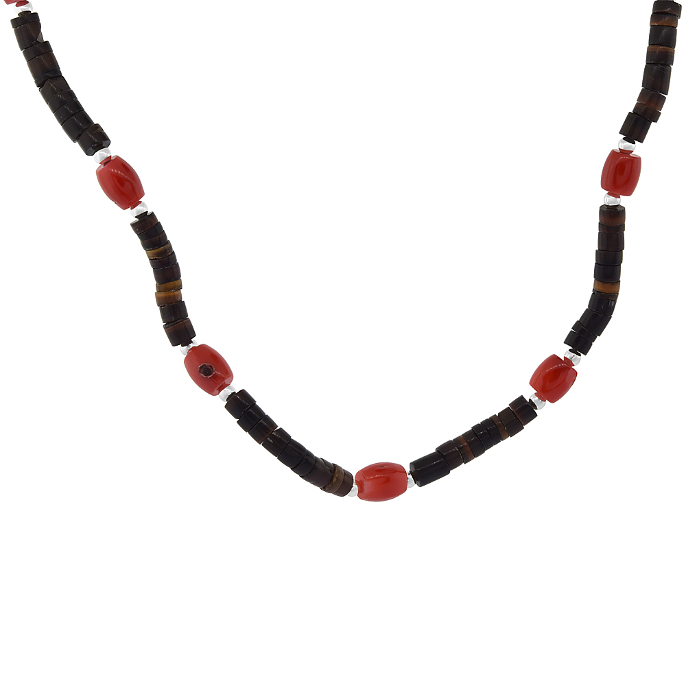 Nylon Necklace Sterling Silver Accents, Multi color Shell &amp; Natural Coral Stones