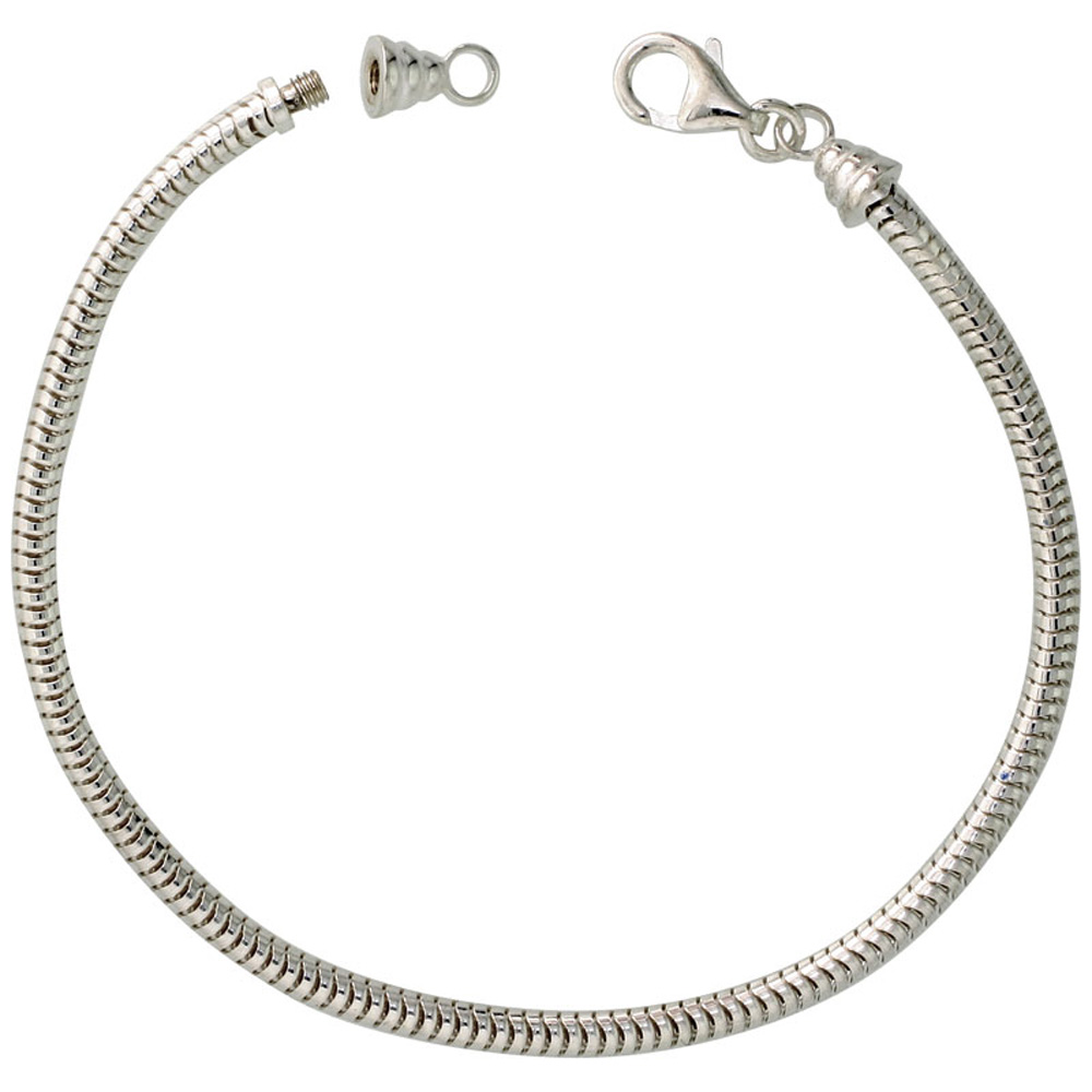 STERLING SILVER CHARM BRACELET 3MM SNAKE CHAIN FITS AND COMPATIBLE WITH ALL BRANDS NICKEL FREE ITALY, SIZES 7.5 & 8 INCH