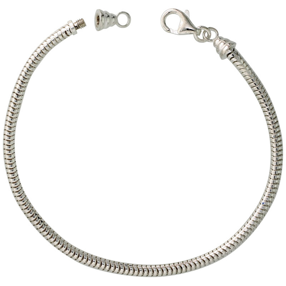Sterling Silver Charm Bracelet 3mm Snake Chain Fits and Compatible with All Brands Nickel Free Italy, Sizes 7.5 & 8 inch