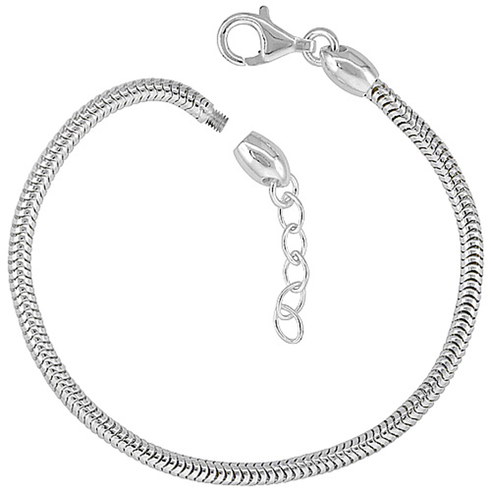 Sterling Silver Bead Charm Bracelet 3mm Snake Chain Screw Cap Pandora Compatible Nickel Free Italy, 7.5-8 inch