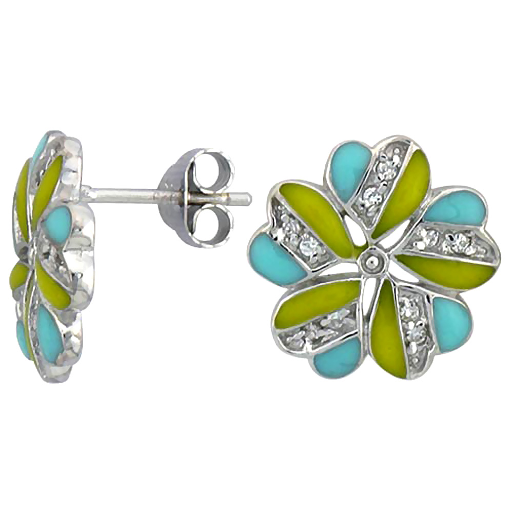 STERLING SILVER 9/16" (14 MM) TALL POST EARRINGS, RHODIUM PLATED W/ CZ STONES, YELLOW & BLUE ENAMEL DESIGNS
