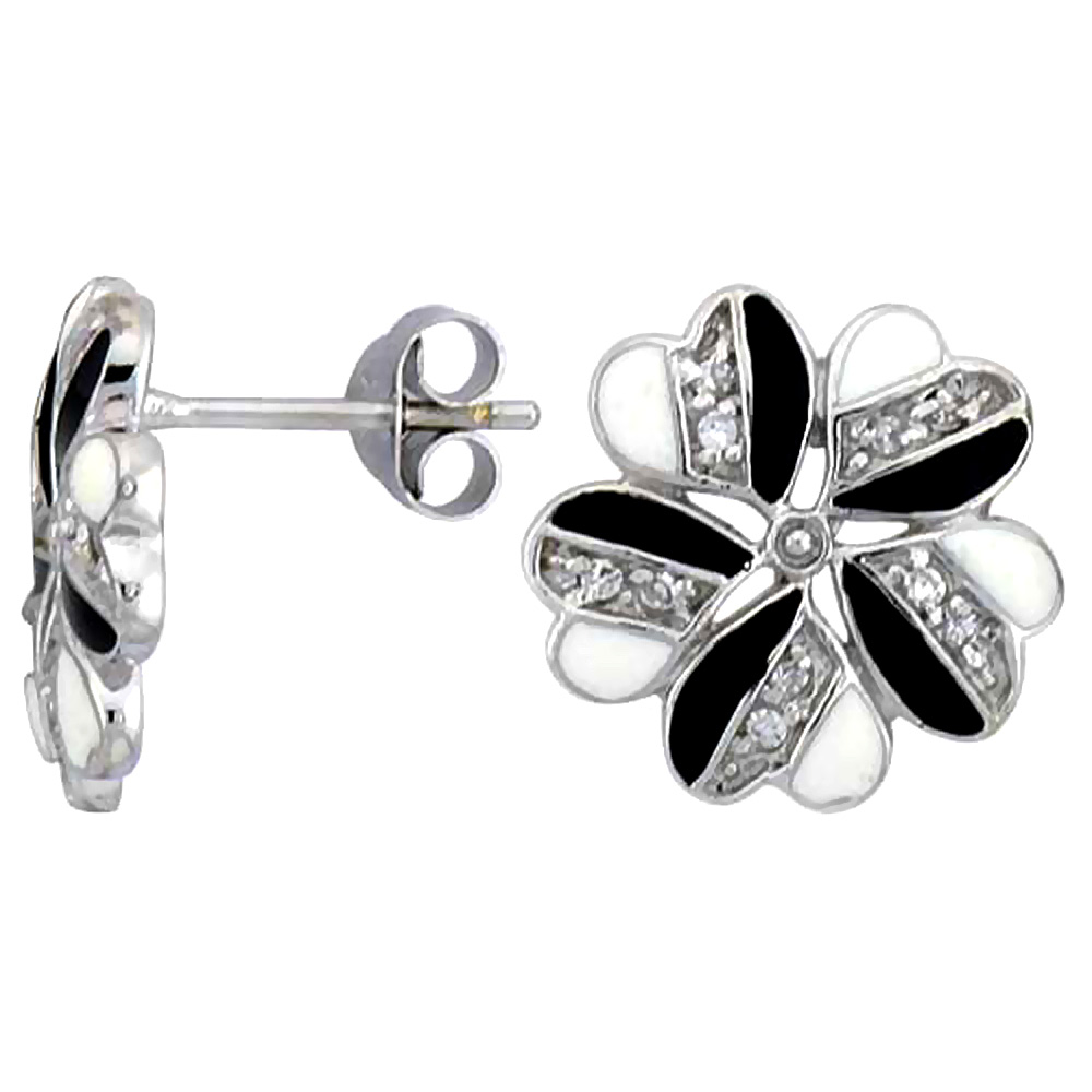 Sterling Silver 9/16&quot; (14 mm) tall Post Earrings, Rhodium Plated w/ CZ Stones, Black &amp; White Enamel Designs