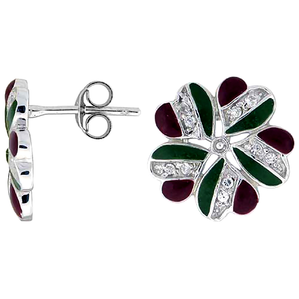 Sterling Silver 9/16" (14 mm) tall Post Earrings, Rhodium Plated w/ CZ Stones, Green & Red Enamel Designs