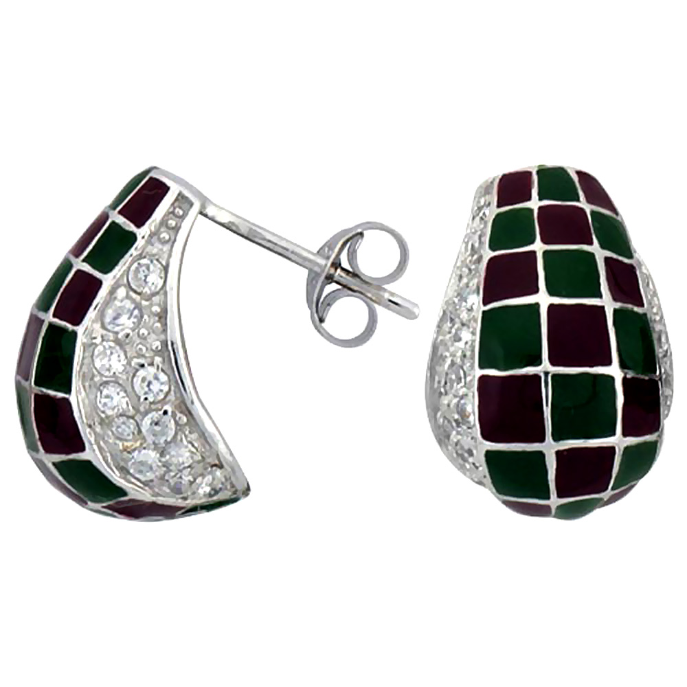 Sterling Silver 5/8" (16 mm) tall Post Earrings, Rhodium Plated w/ CZ Stones, Green & Red Checkered Enamel Designs