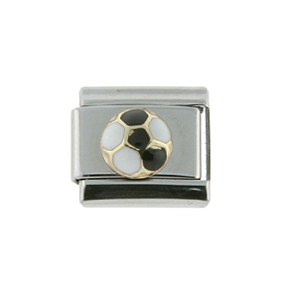 Stainless Steel 18k Gold Italian Charm Bracelet Link Soccer Ball Black &amp; White Charm 9mm