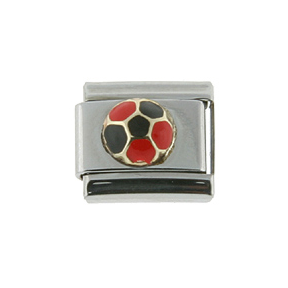 Stainless Steel 18k Gold Italian Charm Bracelet Link Soccer Ball Red & Black Charm 9mm