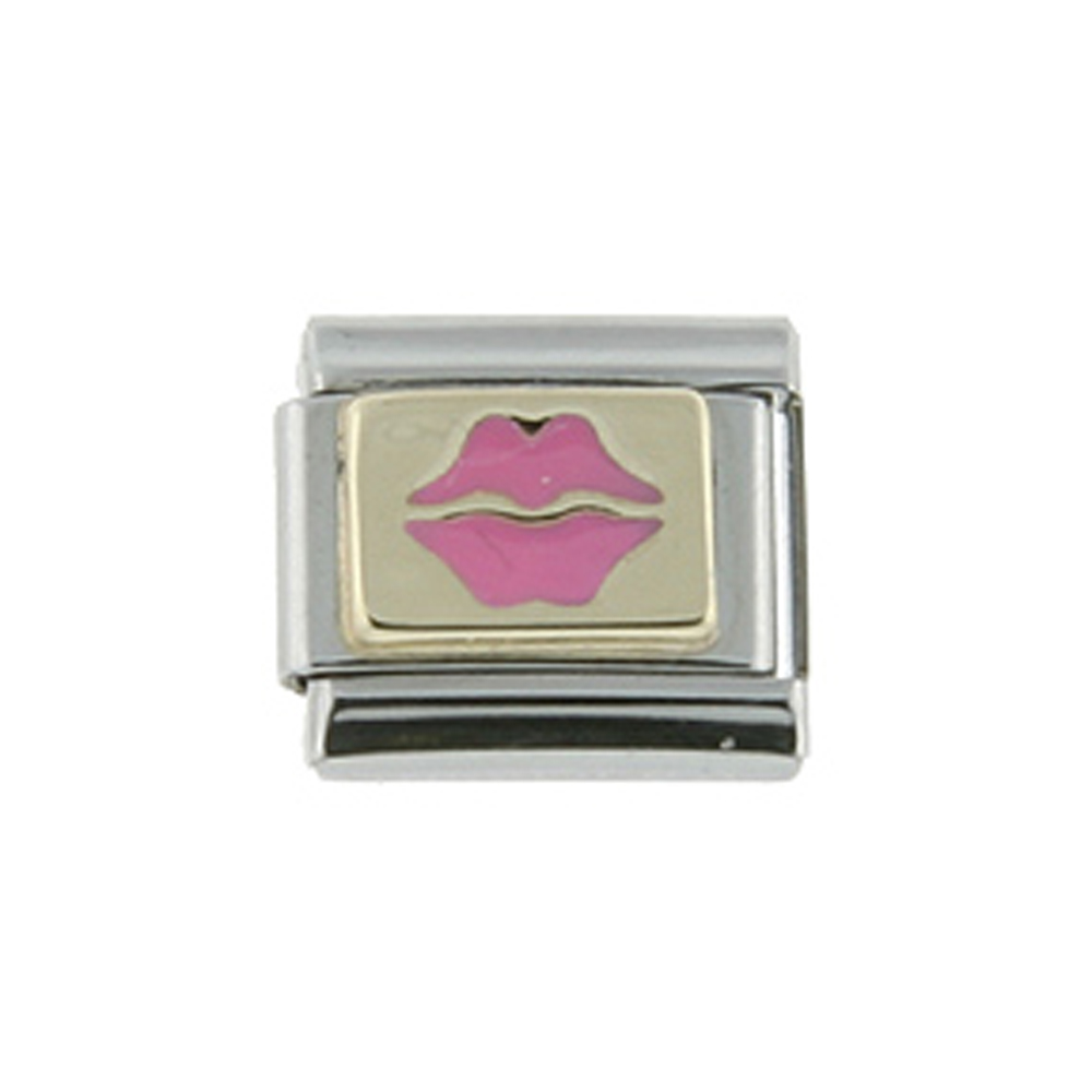 Stainless Steel 18k Gold Italian Charm Bracelet Link Pink Lips Charm 9mm