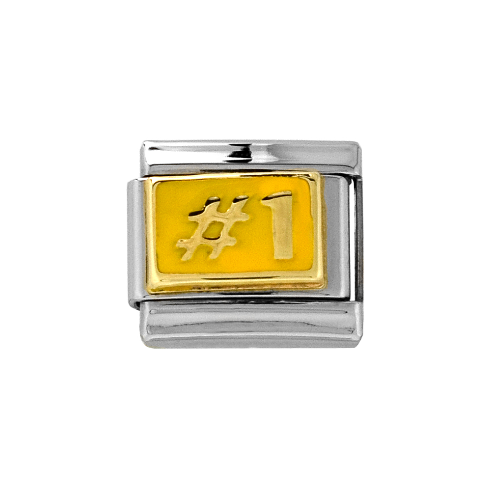 Stainless Steel 18k Gold Italian Charm Bracelet Link Number 1 Charm 9mm Yellow Enamel