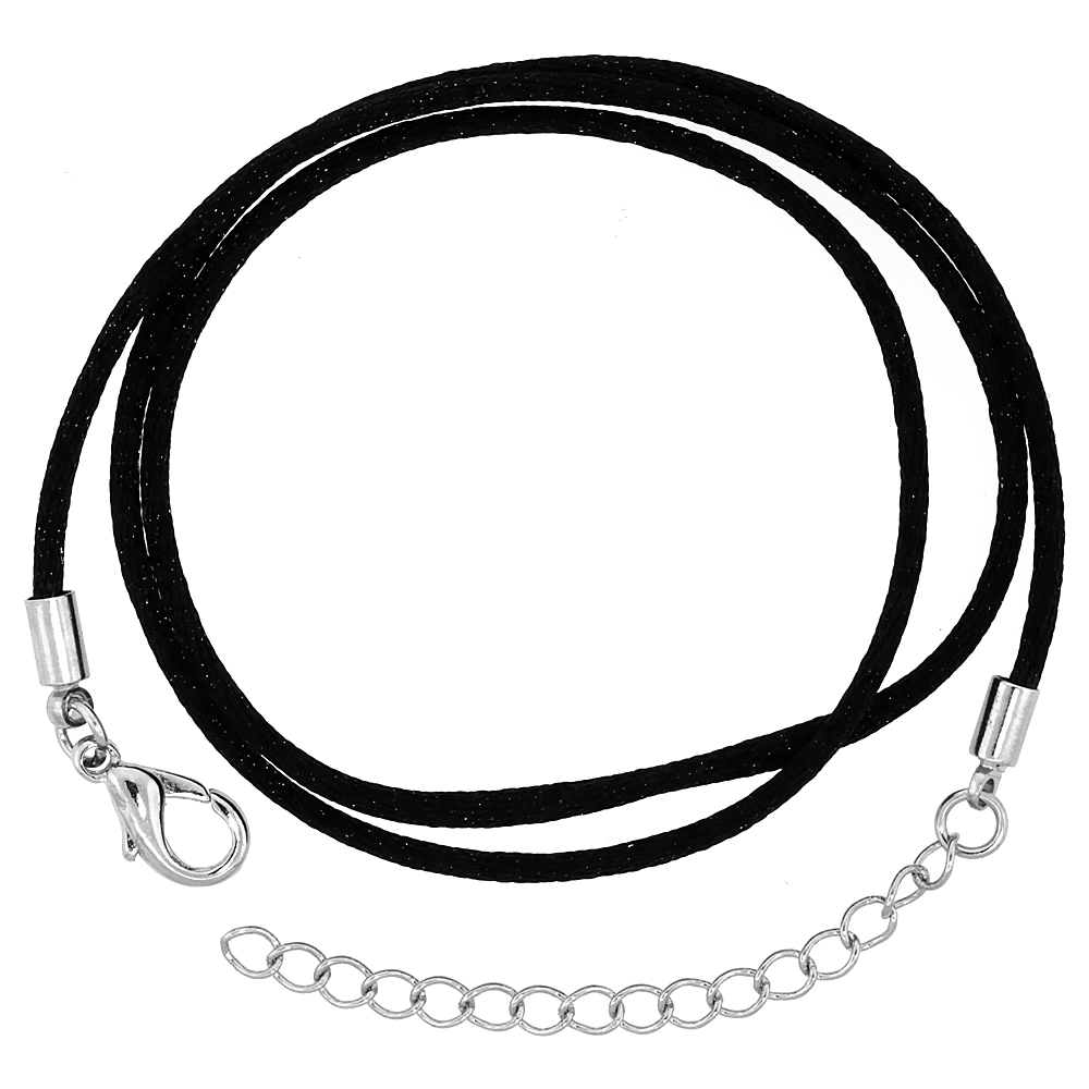 Jewelry Black Silk Cord Chain Necklace Stainless Steel Lobster Clasp, sizes 16 & 18 + 1 inch extension