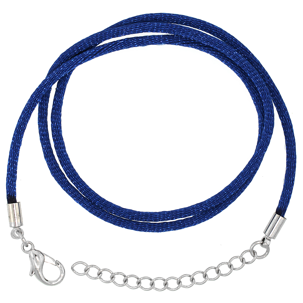 Jewelry Blue Silk Cord Chain Necklace Stainless Steel Lobster Clasp, sizes 16 & 18 + 1 inch extension