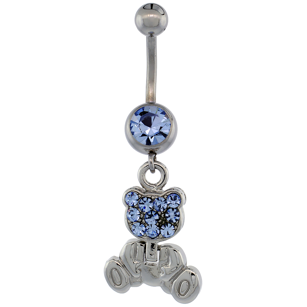 Surgical Steel Barbell Teddy Bear Belly Button Ring w/ Blue Crystals, 1 3/16 inch