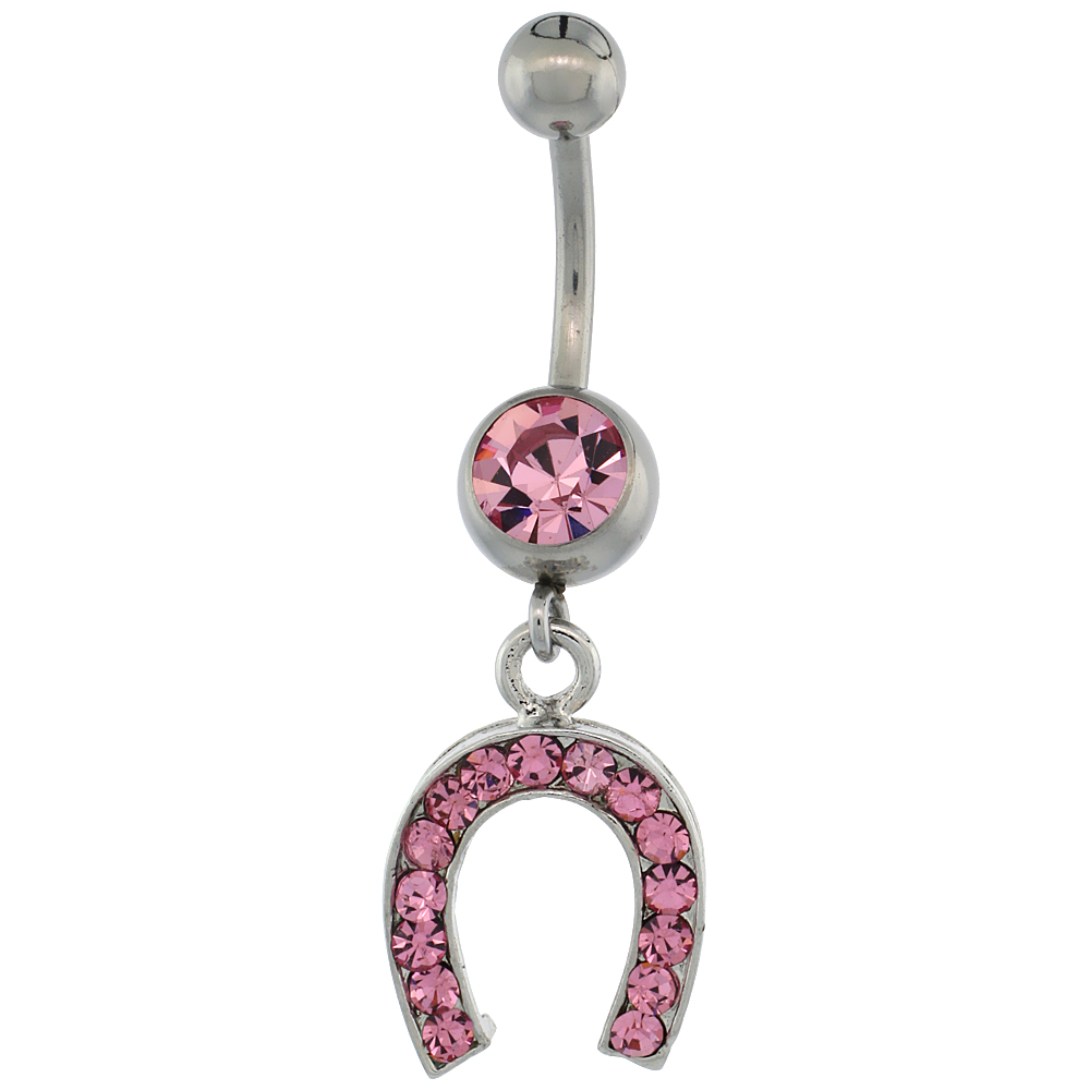 Surgical Steel Barbell Horse Shoe Belly Button Ring w/ Pink Crystals, 1 1/16 inch